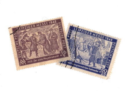 Vintage postage stamps from Germany isolated on a white background.