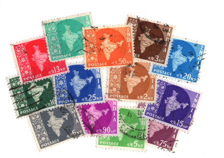 Vintage postage stamps from India isolated on a white background.