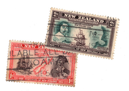 Vintage postage stamps from New Zealand isolated on a white background.