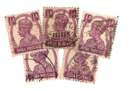 Vintage postage stamps from India isolated on a white background.の写真素材