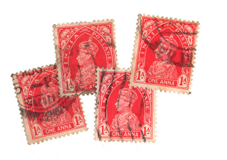 Vintage postage stamps from India isolated on a white background.