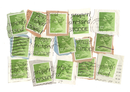 Vintage Queen Elizabeth II postage stamps from Great Britain isolated on a white background.の写真素材
