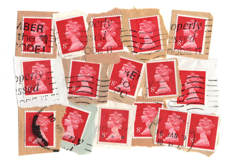 Vintage Queen Elizabeth II postage stamps from Great Britain isolated on a white background.