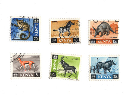 Vintage postage stamps from Kenya isolated on a white background.
