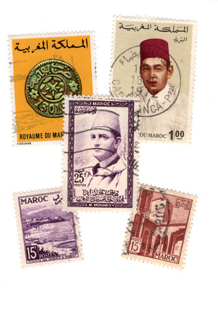 Vintage postage stamps from Morocco isolated on a white background.