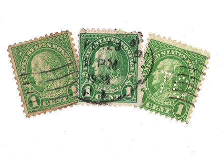 Vintage postage stamps from the USA isolated on a white background.の写真素材
