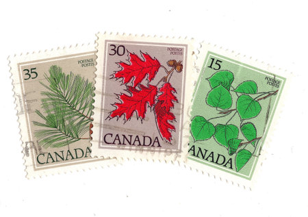 Vintage postage stamps isolated on a white background.