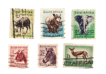 Vintage postage stamps from South Africa isolated on a white background.