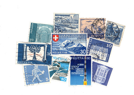Vintage postage stamps isolated on a white background.
