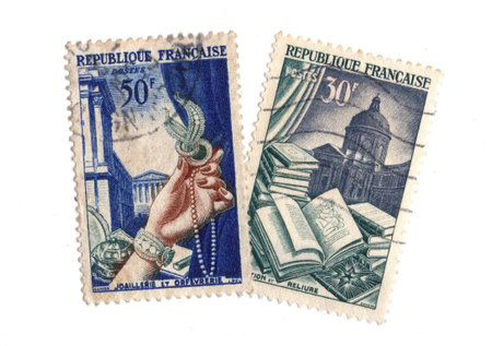 Vintage postage stamps from France isolated on a white background.の写真素材