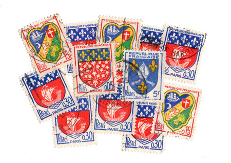 Vintage postage stamps from France isolated on a white background.の写真素材