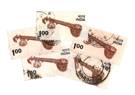 Vintage postage stamps from India isolated on a white background.の写真素材