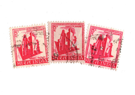 Vintage postage stamps from India isolated on a white background.