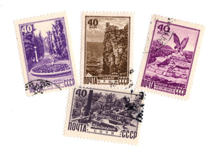 Vintage postage stamps isolated on a white background.