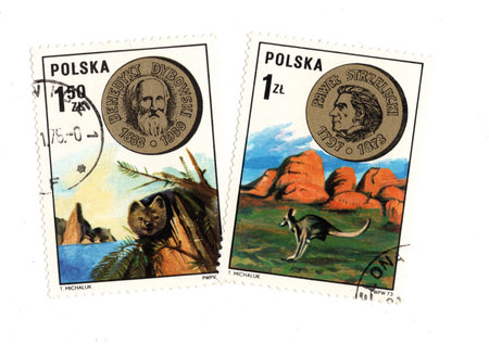 Vintage postage stamps from Poland isolated on a white background.