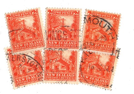 Vintage postage stamps from New Zealand isolated on a white background.の写真素材