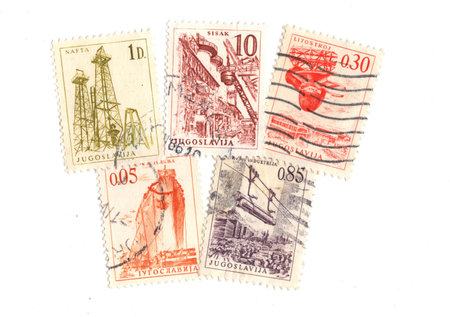 Vintage postage stamps from Yugoslavia isolated on a white background.