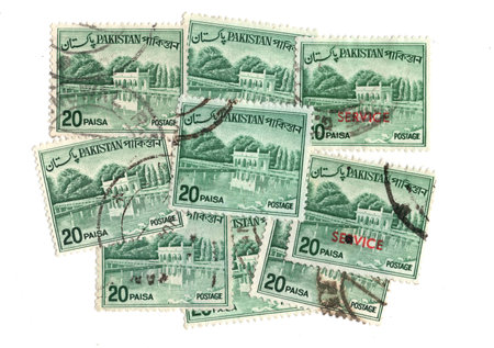 Vintage postage stamps from Pakistan isolated on a white background.