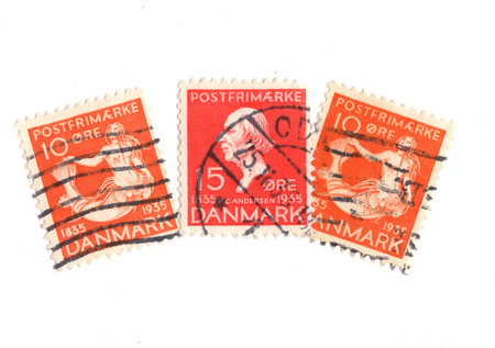 Vintage postage stamps from Denmark isolated on a white background.