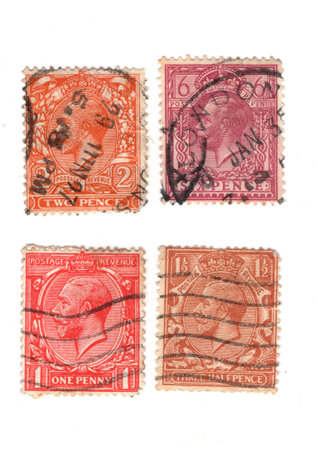 Vintage postage stamps from Great Britain isolated on a white background.