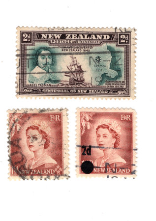 Vintage postage stamps from New Zealand isolated on a white background.の写真素材