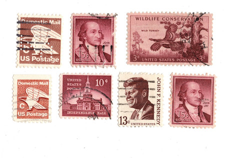 Vintage postage stamps from the USA on a white background.の写真素材