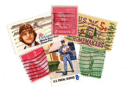 Vintage postage stamps from the USA isolated on a white background.