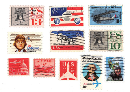 Vintage postage stamps from the USA on a white background.の写真素材