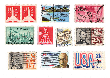 Vintage postage stamps from the USA isolated on a white background.の写真素材