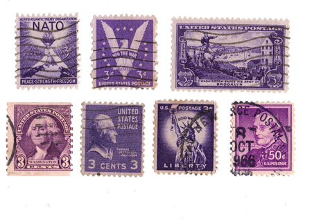 Vintage postage stamps from the USA on a white background.の写真素材