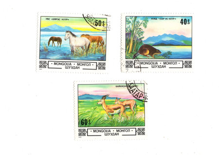 Vintage postage stamps from Mongolia on a white background.の写真素材