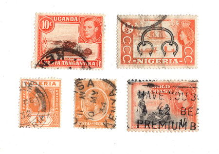 Vintage postage stamps from Africa on a white background.
