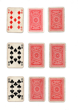 A hand of old grubby playing cards in three different combinations on a white background.