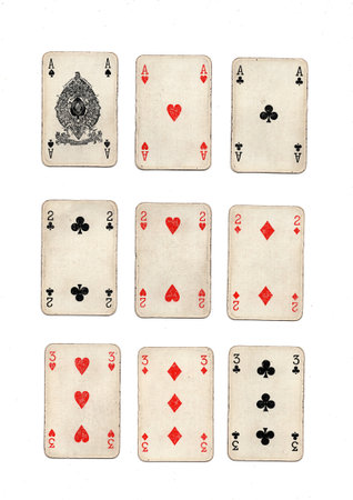 A hand of old grubby playing cards in three different combinations on a white background.