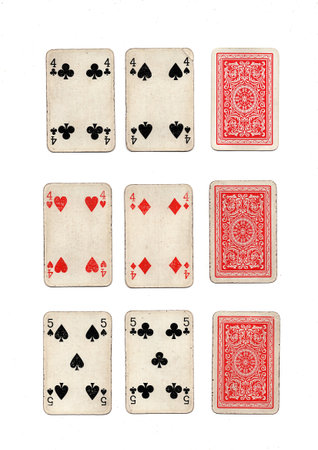 A hand of old grubby playing cards in three different combinations on a white background.
