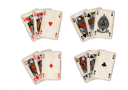 Hands of three old grubby playing cards in different combinations on a white background.