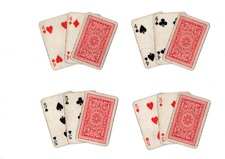 Hands of three old grubby playing cards in different combinations on a white background.