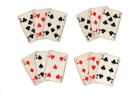 Hands of three old grubby playing cards in different combinations on a white background.
