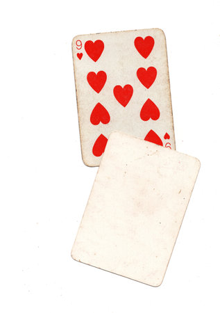 A vintage playing card with one blank card for text or copy on a white background.の写真素材