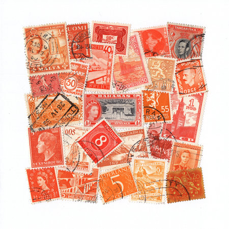 Collection of old orange postage stamps from  different countries of the world isolated on a white background.の写真素材