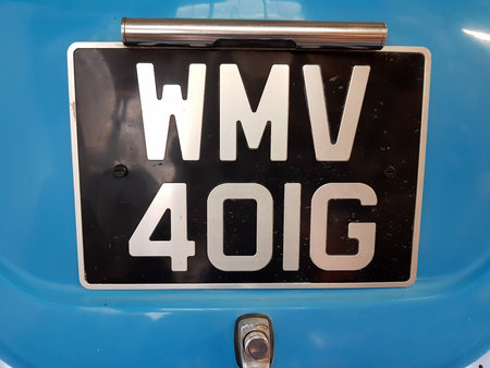 Number plate on a vintage car.