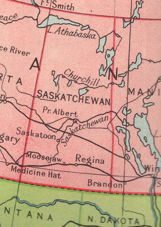 Detail from a vintage map of Canada showing the state of Saskatchewan.