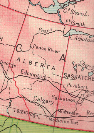 Detail from a vintage map of Canada showing the state of Alberta.