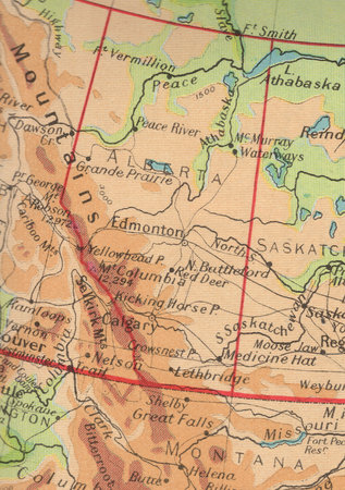 Detail from a vintage map of Canada showing the state of Alberta.
