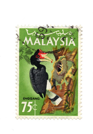 A stamp printed in Malaysia shows image of the bird.の写真素材