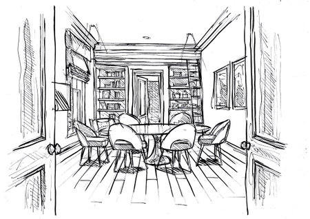 Meeting room interior sketch. Hand drawn illustration of interior design.の写真素材