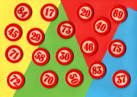 Content from the game of Lotto or Bingo on a brightly coloured background.の写真素材