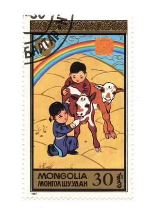 A vintage postage stamp from Mongolia isolated on a white background.の写真素材