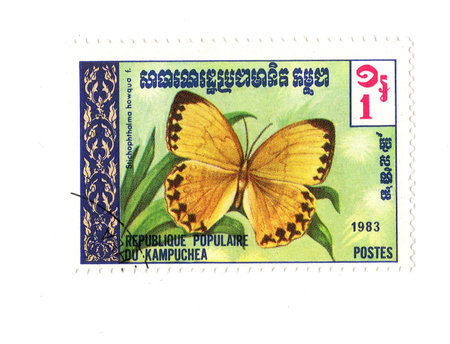A vintage postage stamp from Kampuchea isolated on a white background.の写真素材