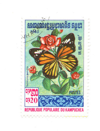A vintage postage stamp from Kampuchea isolated on a white background.の写真素材